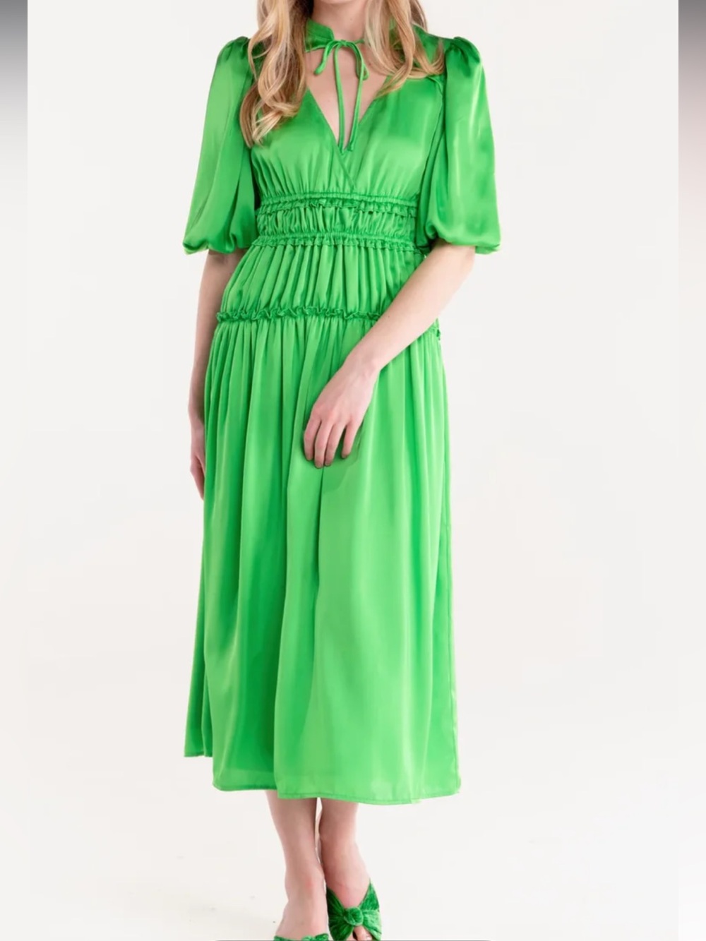 NWT XS Alden Adair Midi Maxi Dress Satin Puff Sleeves Designer